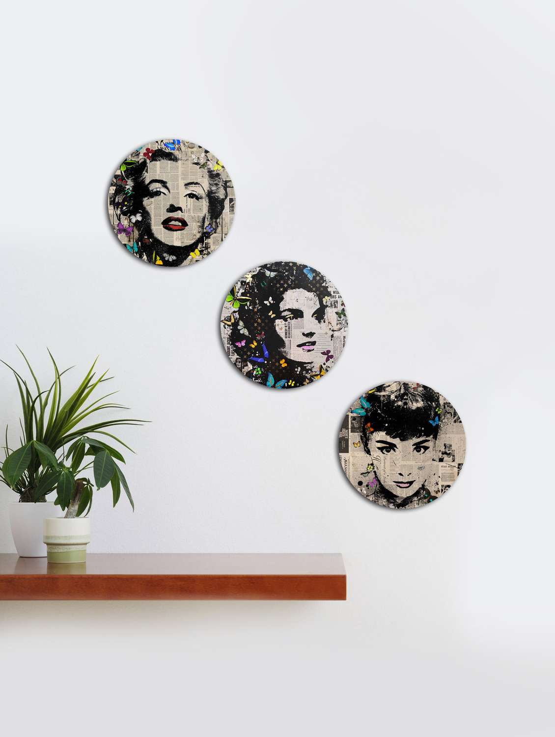 round wall newspaper painting with wooden frame and without glass - set of 3
