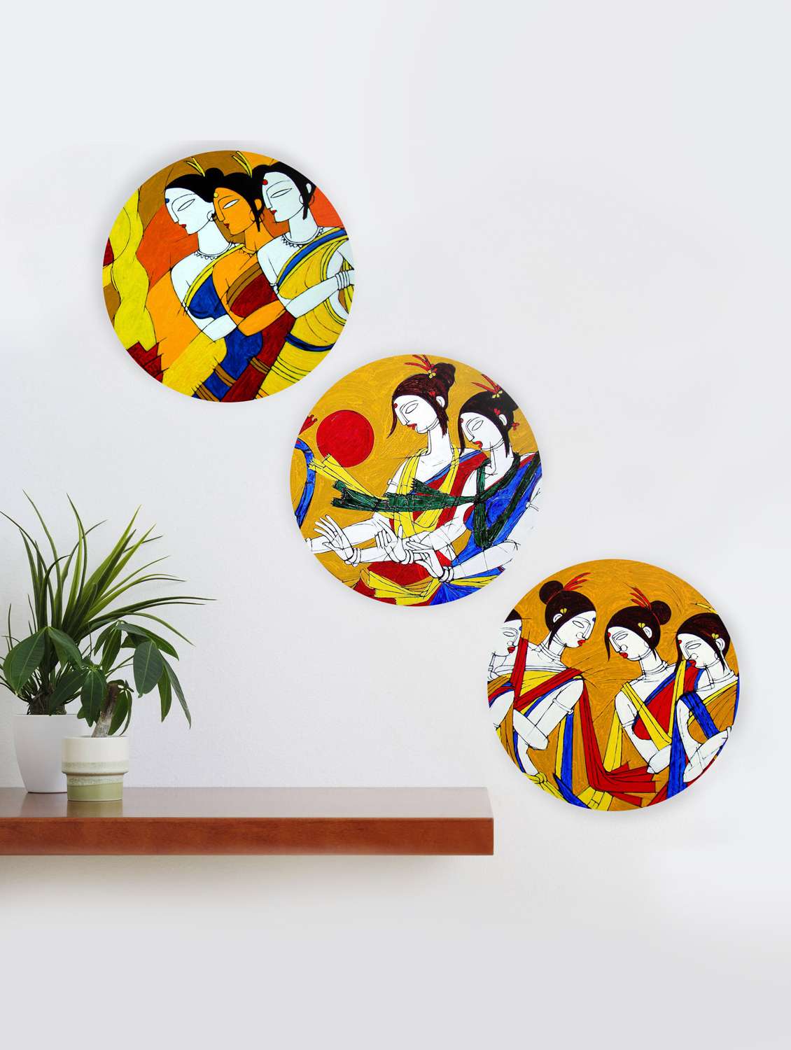 round wall paintings with wooden frame and without glass - set of 3