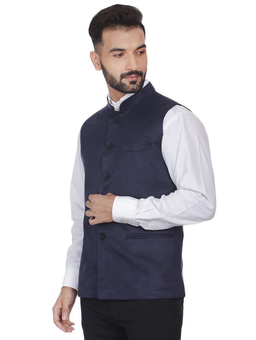 dark blue solid velvet nehru jacket - 16973785 -  Standard Image - 1