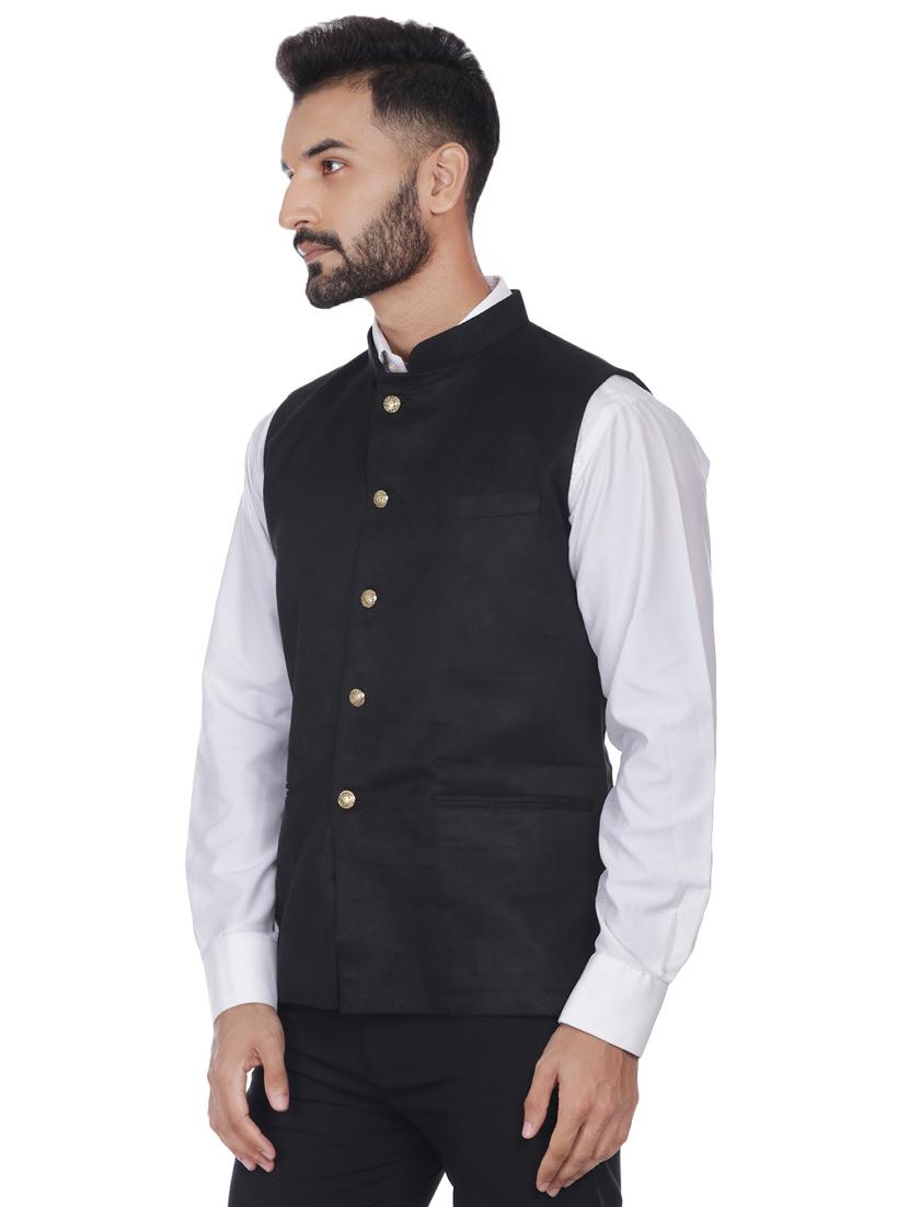 black solid velvet nehru jacket - 16973787 -  Standard Image - 1