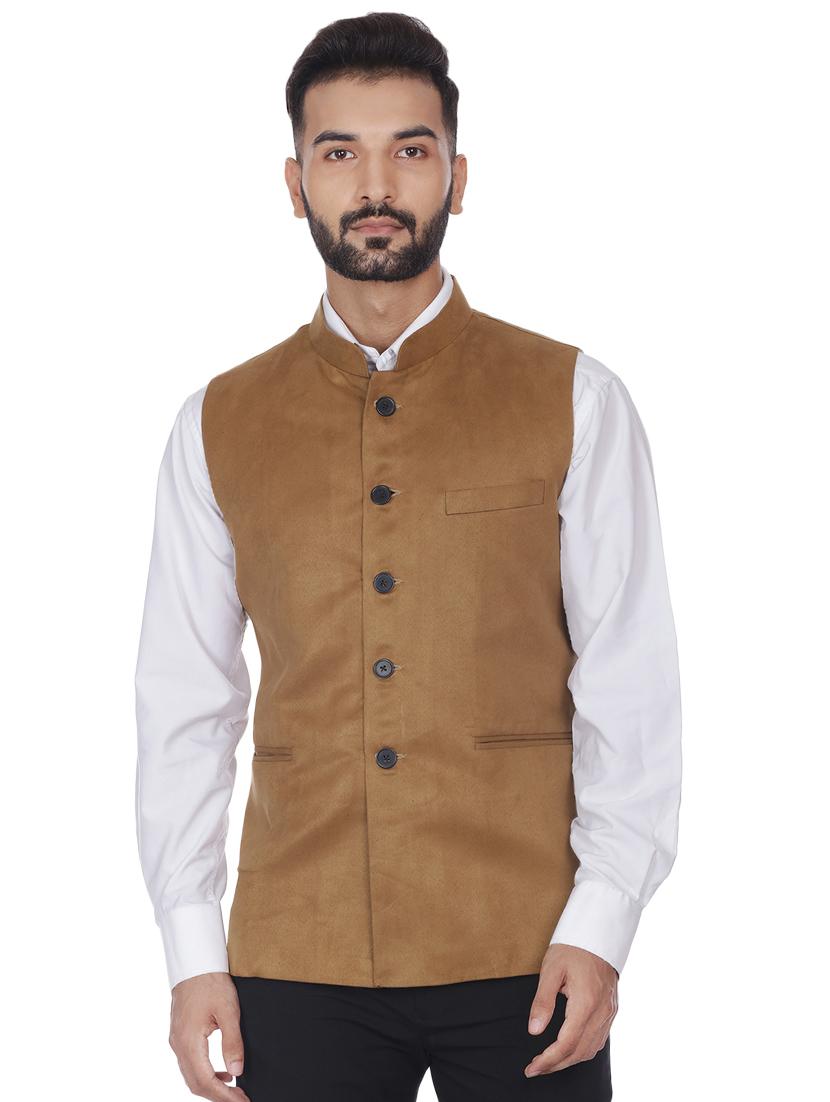 brown solid velvet nehru jacket - 16973788 -  Zoom Image - 0