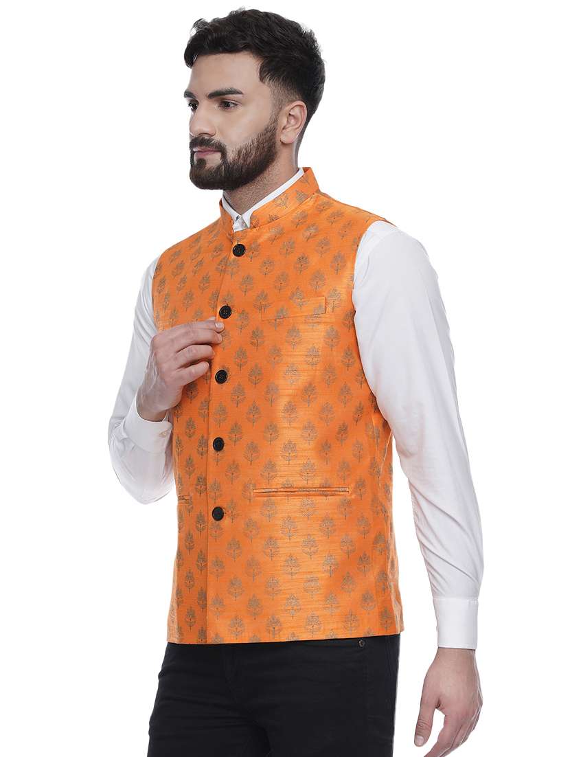 orange printed silk nehru jacket - 16973789 -  Standard Image - 1