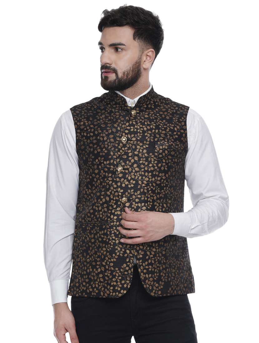 black printed silk nehru jacket - 16973790 - Zoom Image - 0