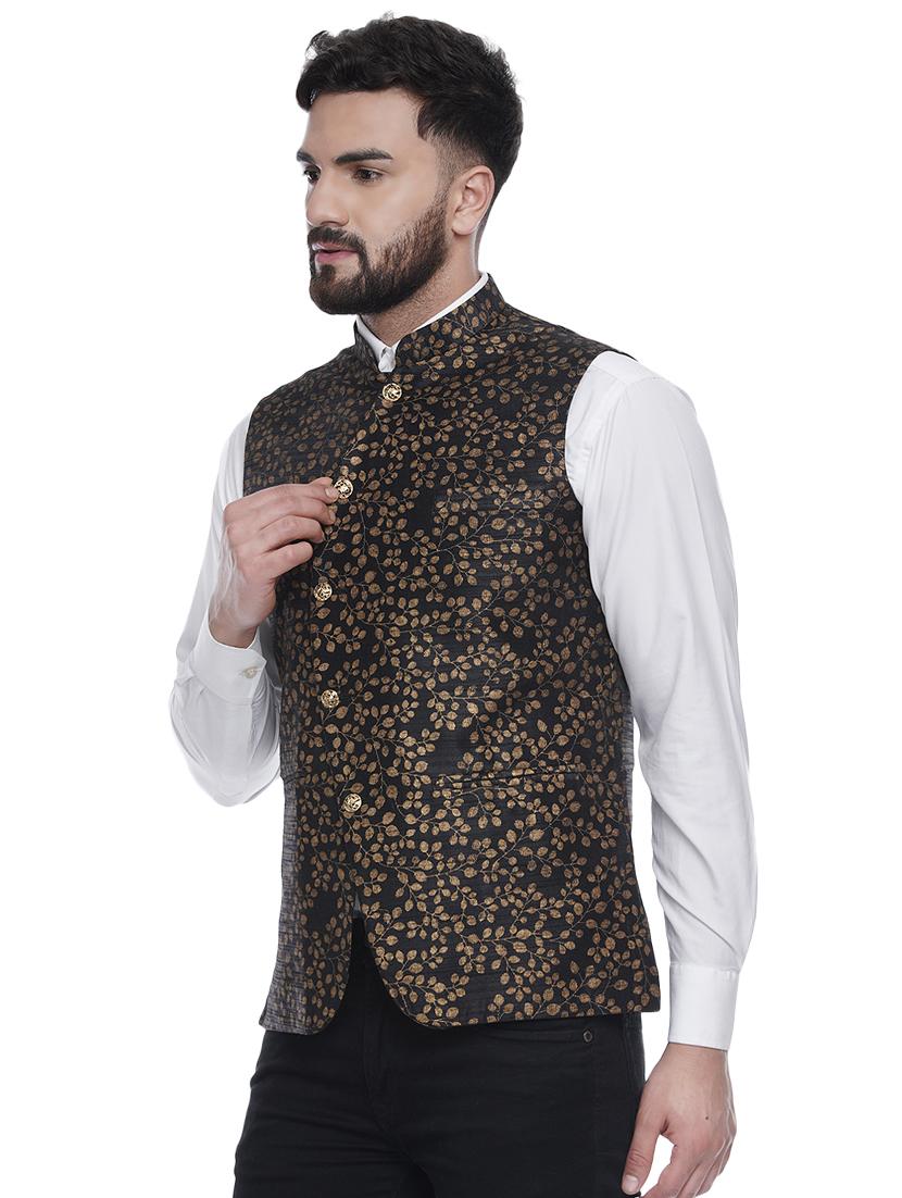 black printed silk nehru jacket - 16973790 - Standard Image - 1