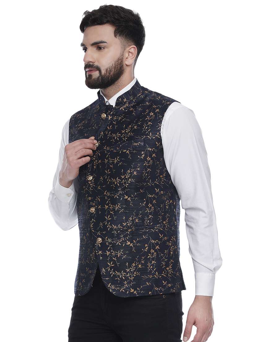 blue printed silk nehru jacket - 16973791 -  Standard Image - 1
