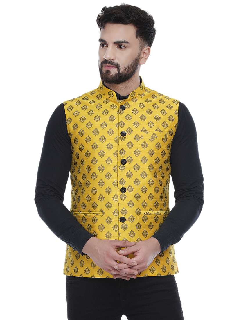 yellow printed silk nehru jacket