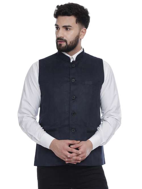blue velvet nehru jacket - 16973799 - Standard Image - 0