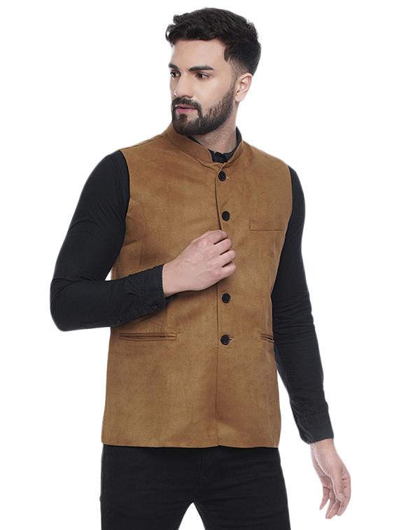brown solid velvet nehru jacket - 16973801 - Zoom Image - 0