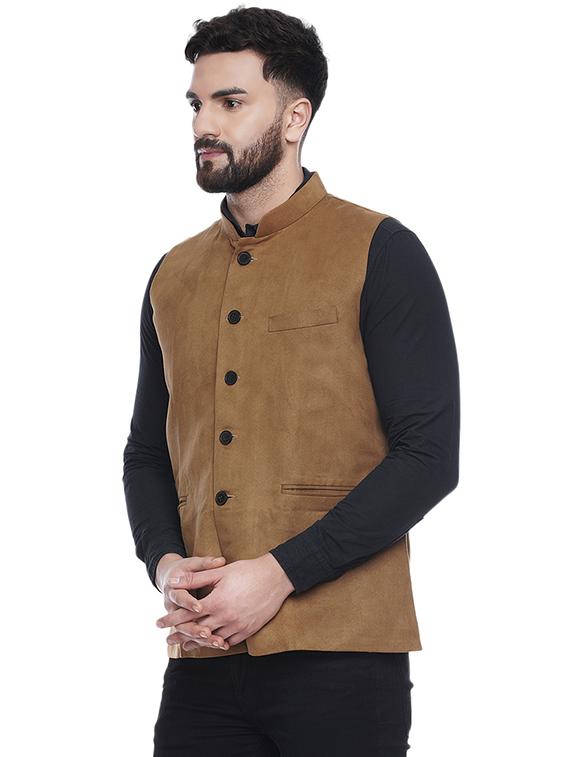 brown solid velvet nehru jacket - 16973801 - Standard Image - 1