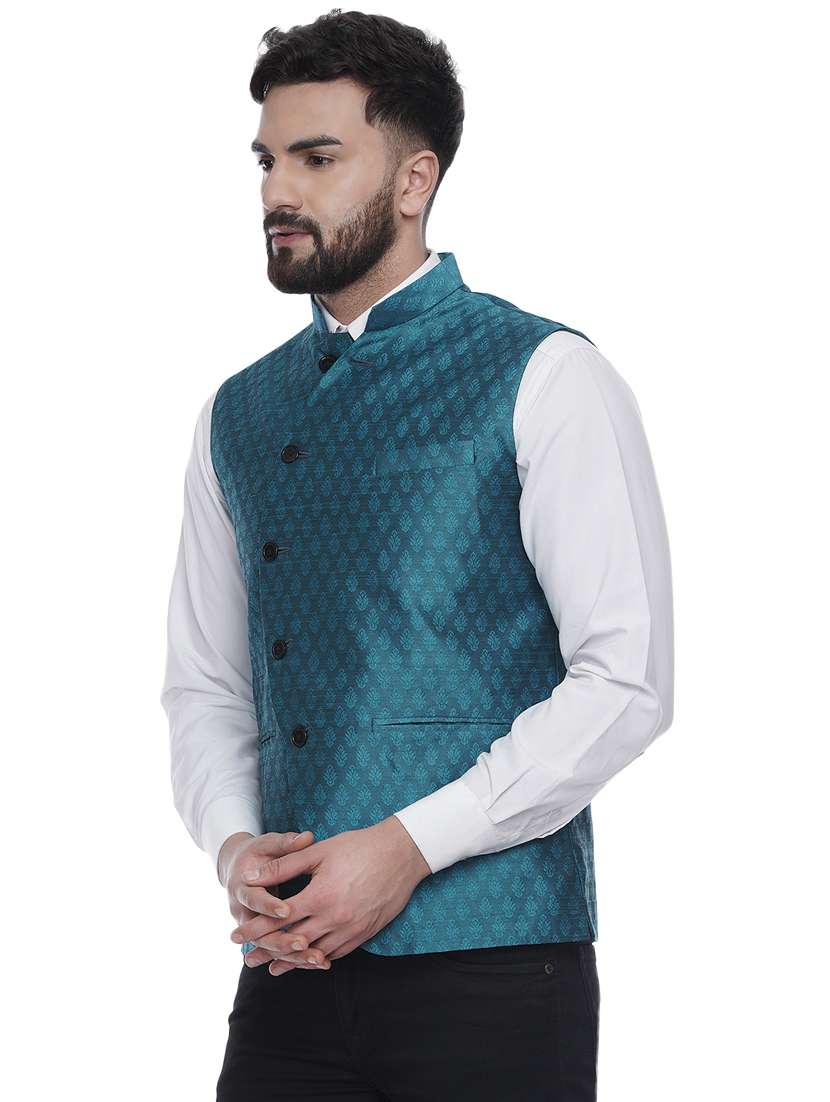 green jacquard silk blend nehru jacket - 16973805 -  Standard Image - 1