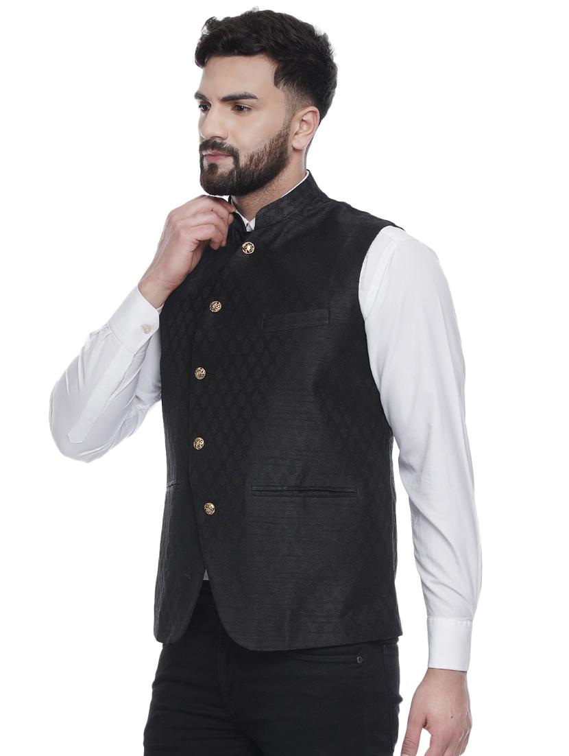 black jacquard silk blend nehru jacket - 16973807 - Standard Image - 1