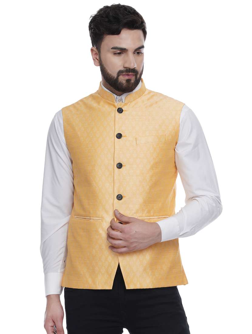 yellow jacquard silk blend nehru jacket