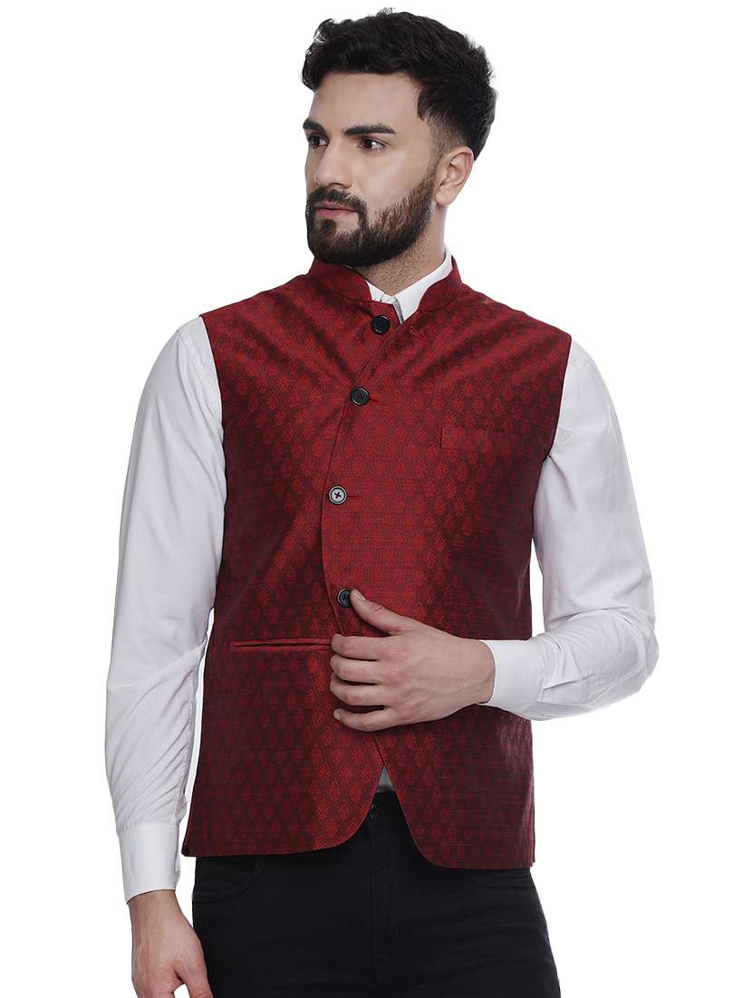 red jacquard silk blend nehru jacket