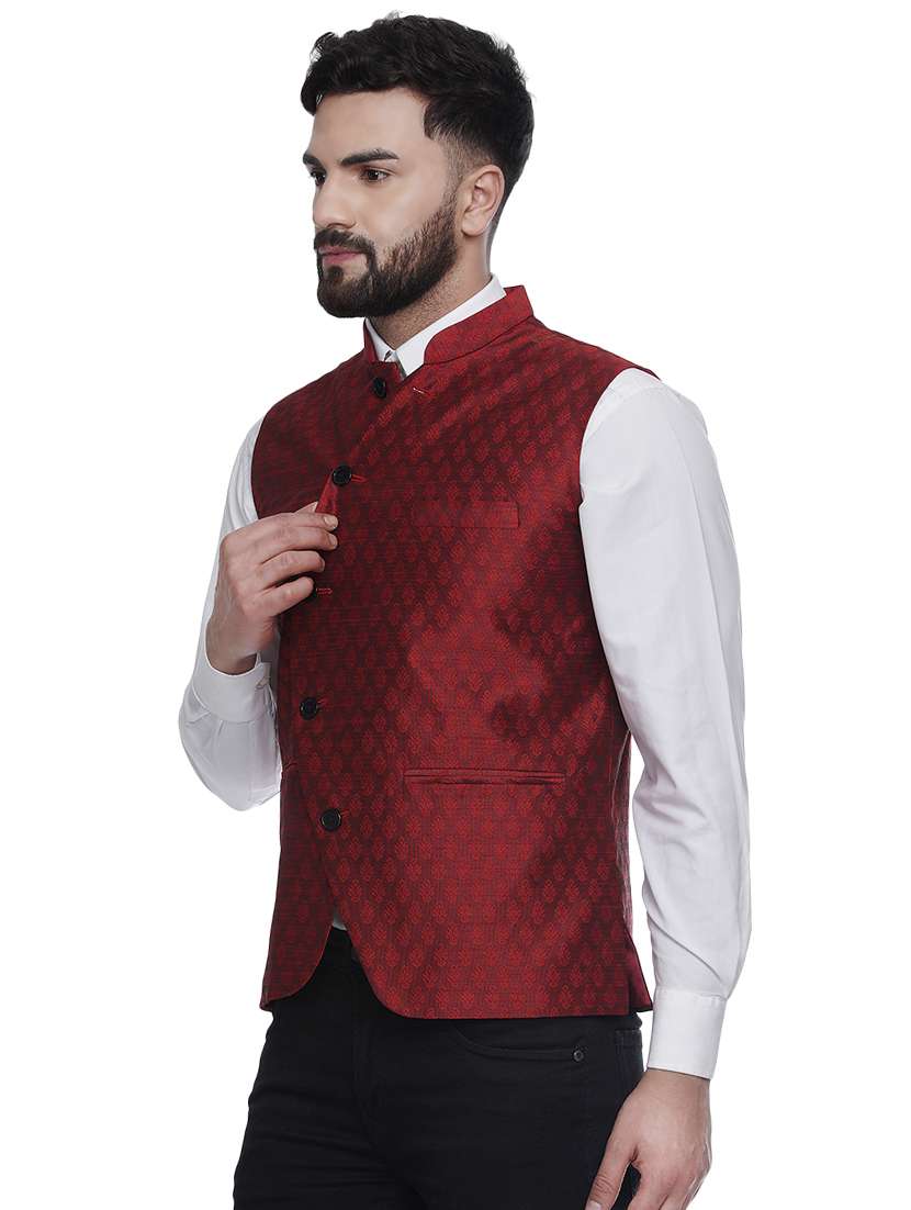 red jacquard silk blend nehru jacket - 16973811 -  Standard Image - 1