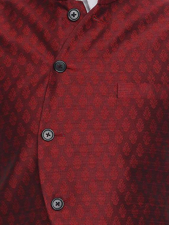 red jacquard silk blend nehru jacket - 16973811 -  Standard Image - 4