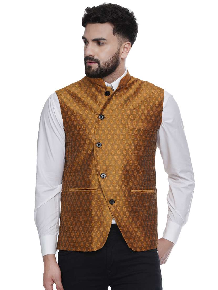 gold jacquard silk blend nehru jacket