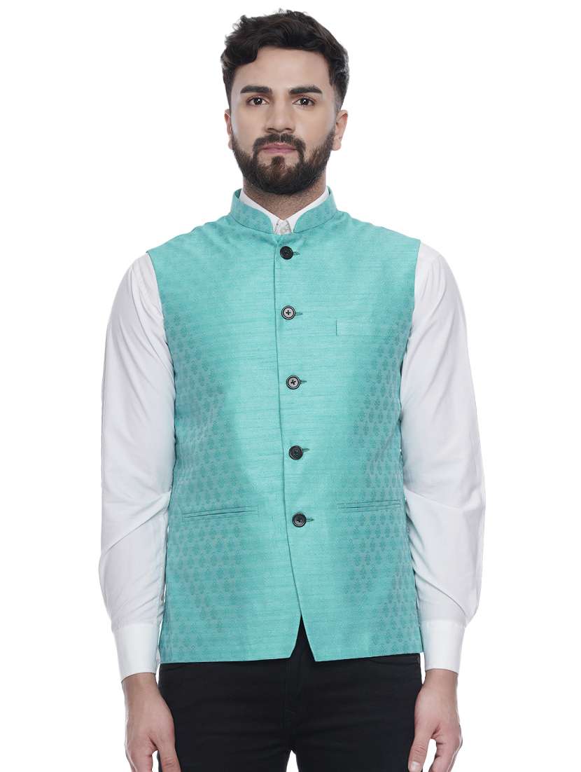 blue jacquard silk blend nehru jacket