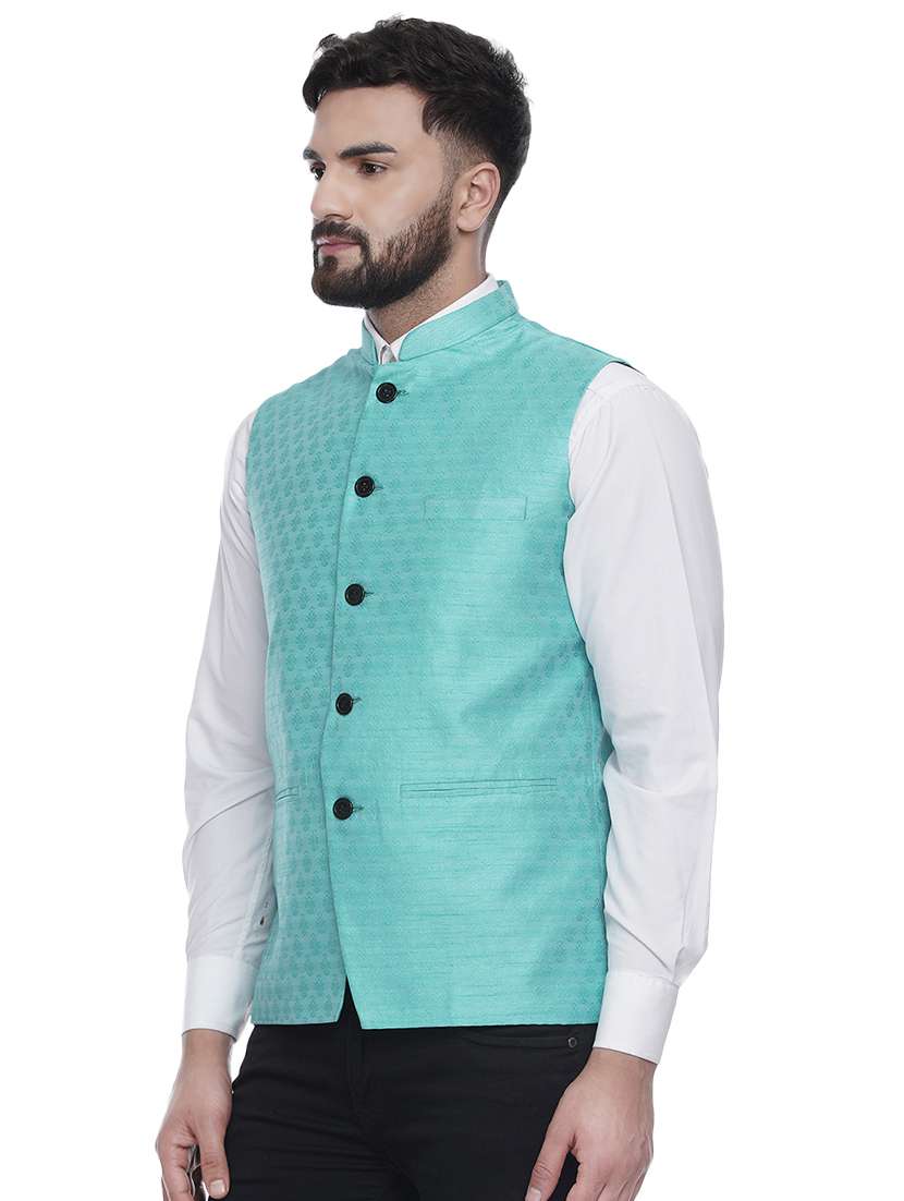 blue jacquard silk blend nehru jacket - 16973814 -  Standard Image - 1