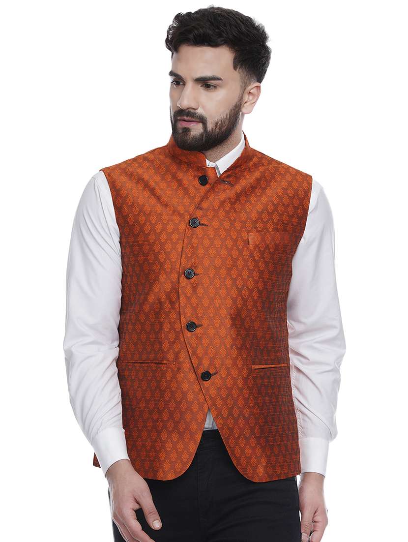 orange jacquard silk blend nehru jacket