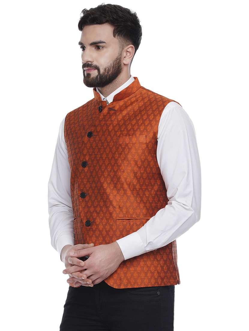 orange jacquard silk blend nehru jacket - 16973815 -  Standard Image - 1