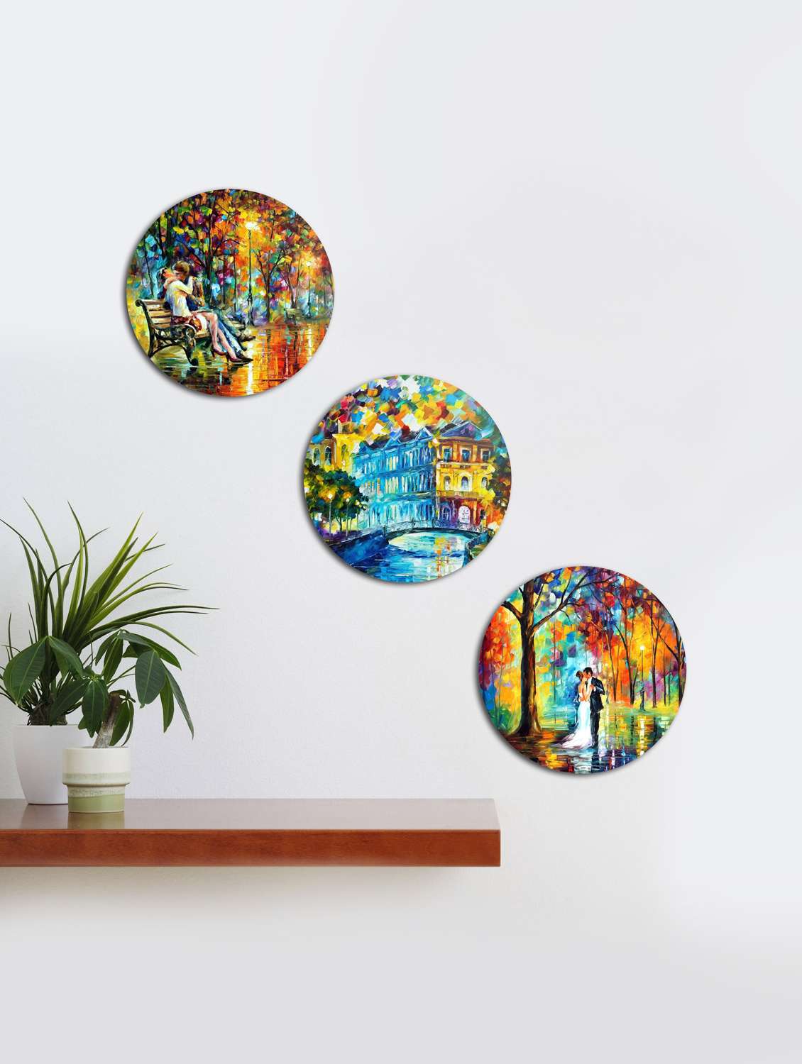  round wall paintings with wooden frame and without glass - set of 3