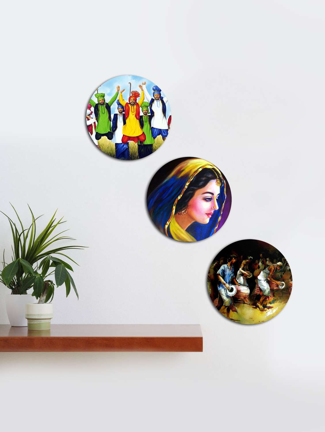  round wall punjabi painting with wooden frame and without glass - set of 3