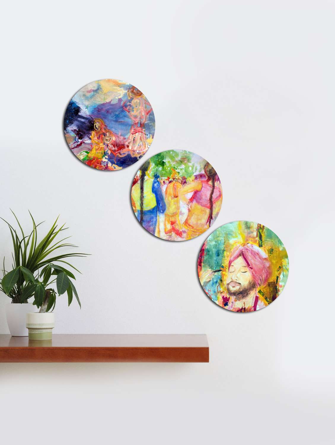  round wall  punjabi painting with wooden frame and without glass - set of 3