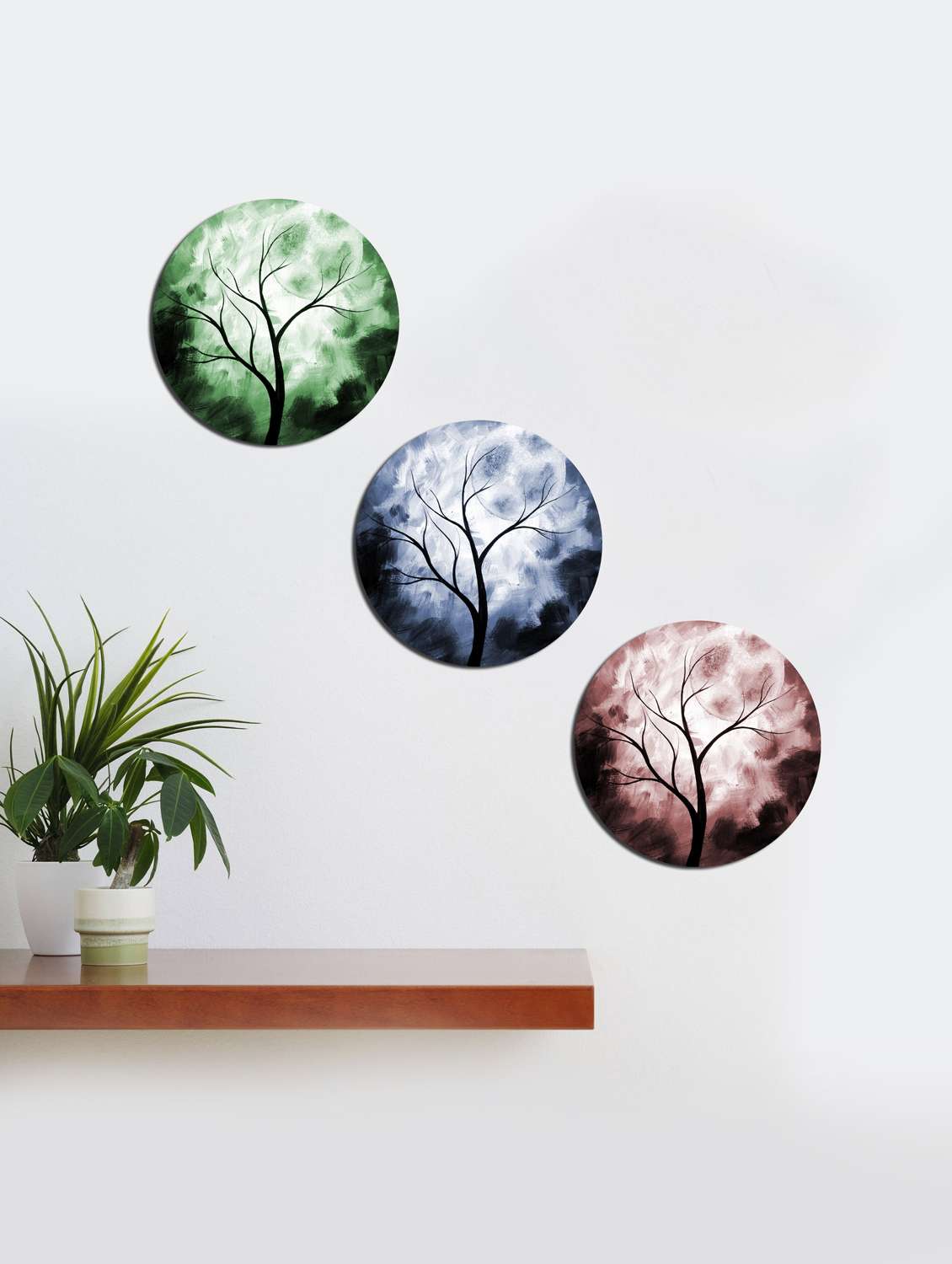 round wall tree painting with wooden frame and without glass - set of 3