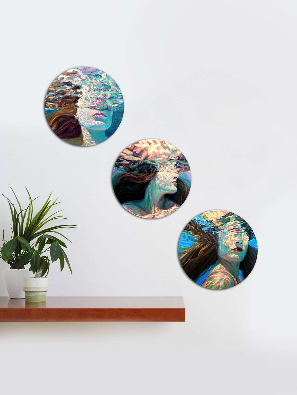  round wall  swimming painting with wooden frame and without glass - set of 3