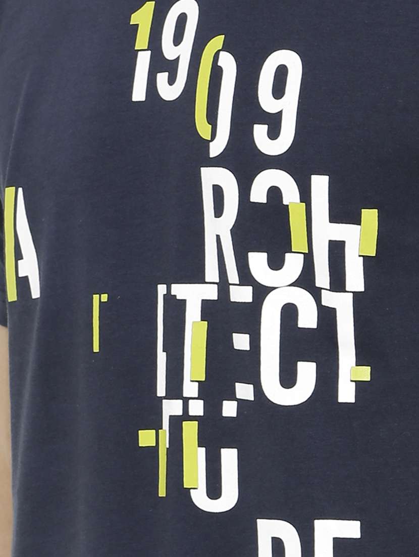 Navy Blue Typographic Front Print T Shirt