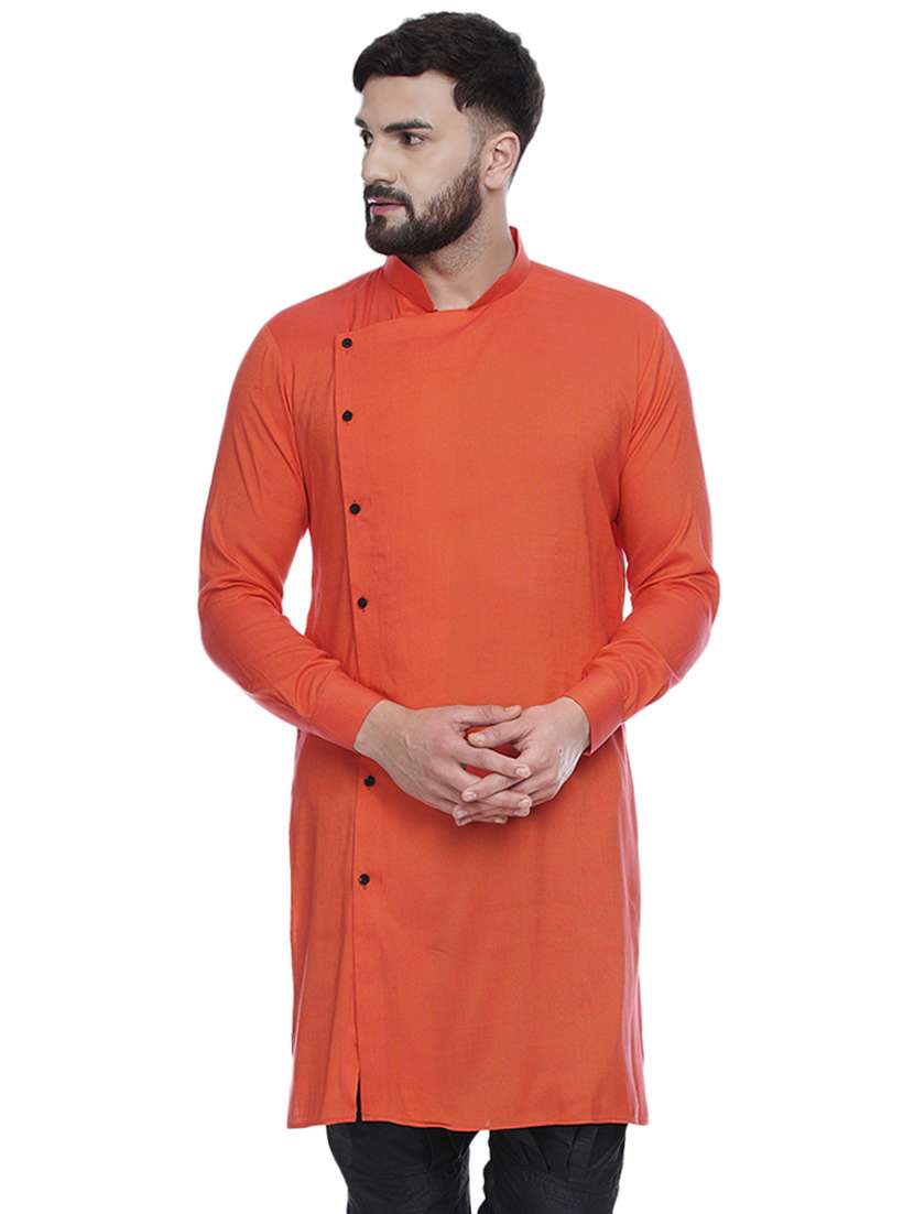 orange solid rayon medium length kurta