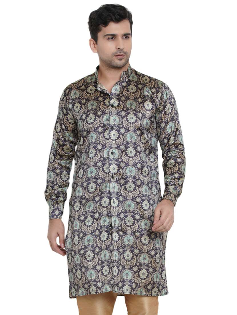 blue printed silk blend medium length kurta