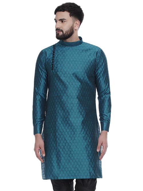 blue jacquard silk blend medium length kurta - 16979471 - Standard Image - 0