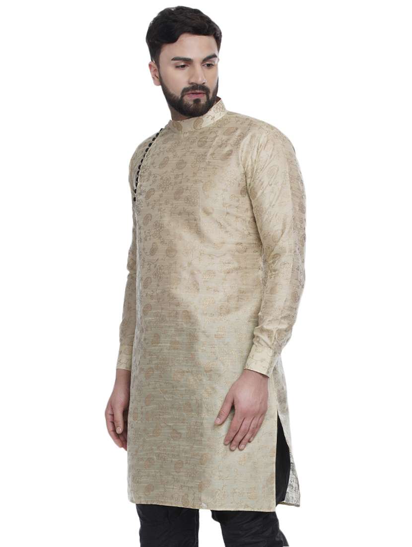 beige printed silk blend medium length kurta - 16979476 -  Standard Image - 1