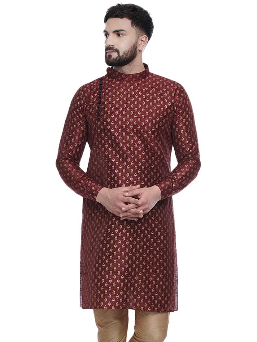 red printed silk blend medium length kurta