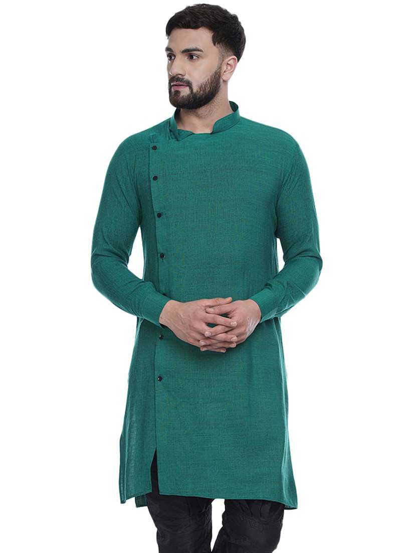 green solid rayon medium length kurta