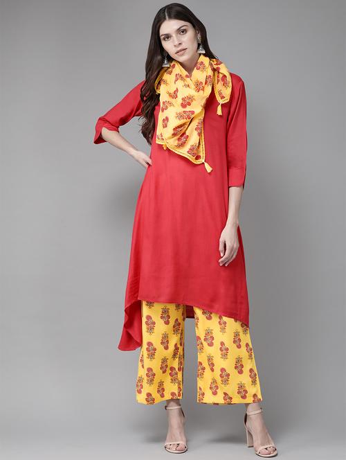 women three quarter sleeve kurta palazzo with dupatta set - 16980762 -  Standard Image - 0