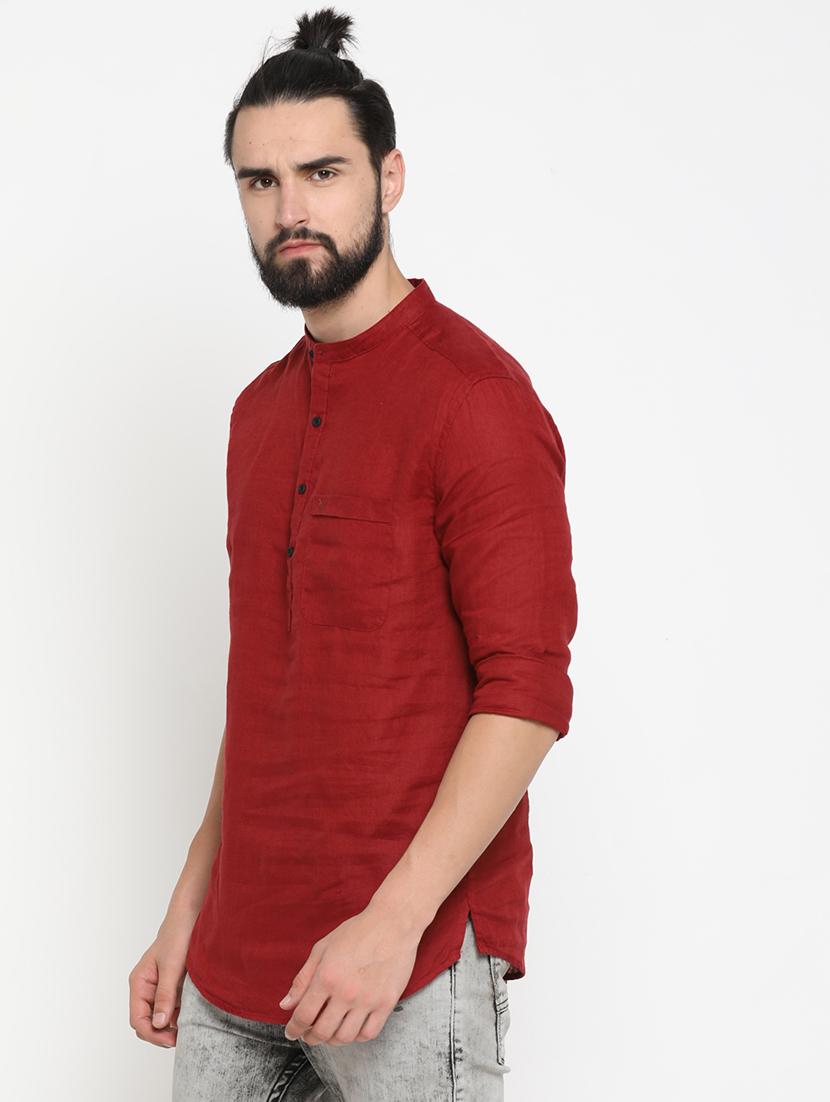red solid linen short kurta - 16987976 - Standard Image - 1