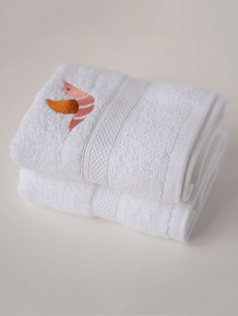 gondi bird embroidered white hand towels