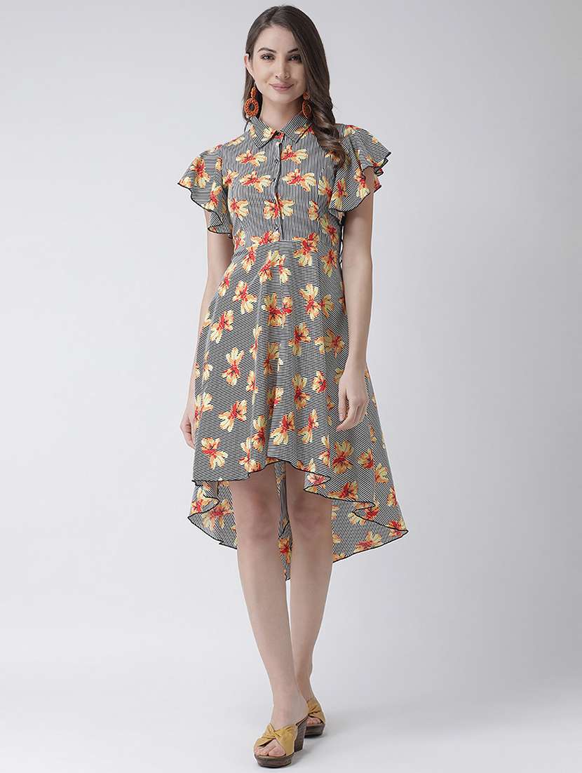 contrast floral stripes asymmetric dress 