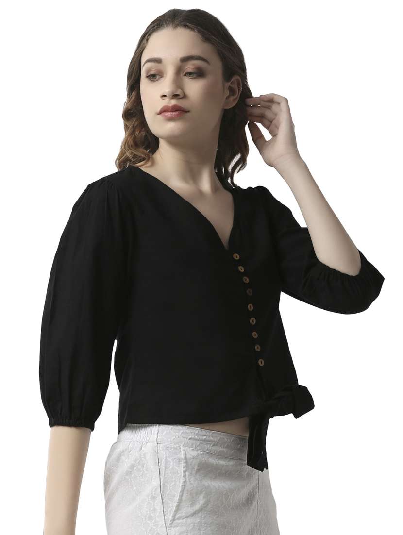 tie front button up crop top  - 16995861 -  Standard Image - 1