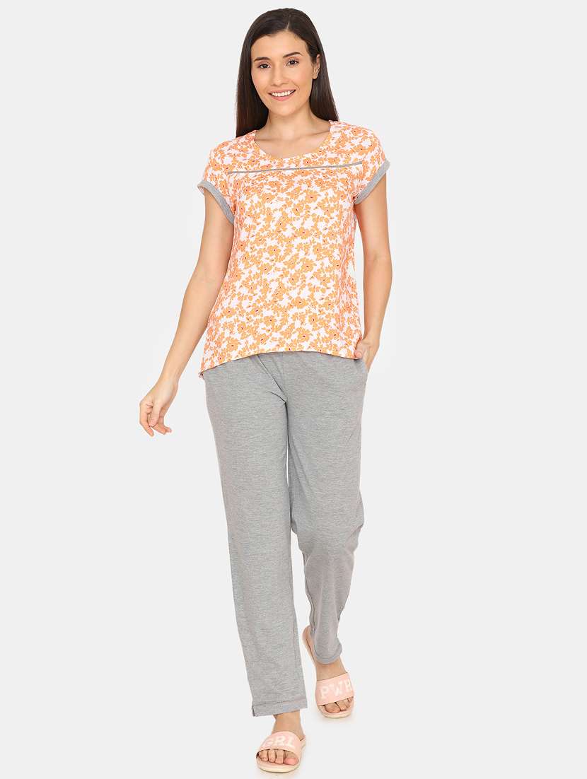 round neck floral tee with pyjama set 