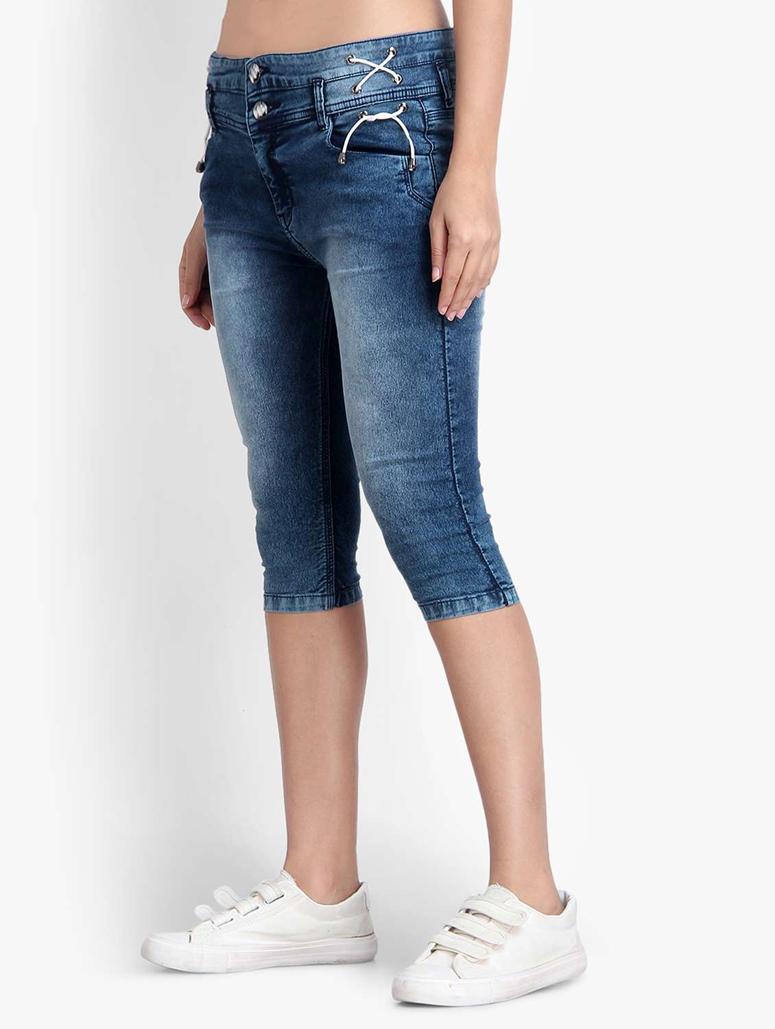 lace up washed denim capri - 17001301 - Standard Image - 1