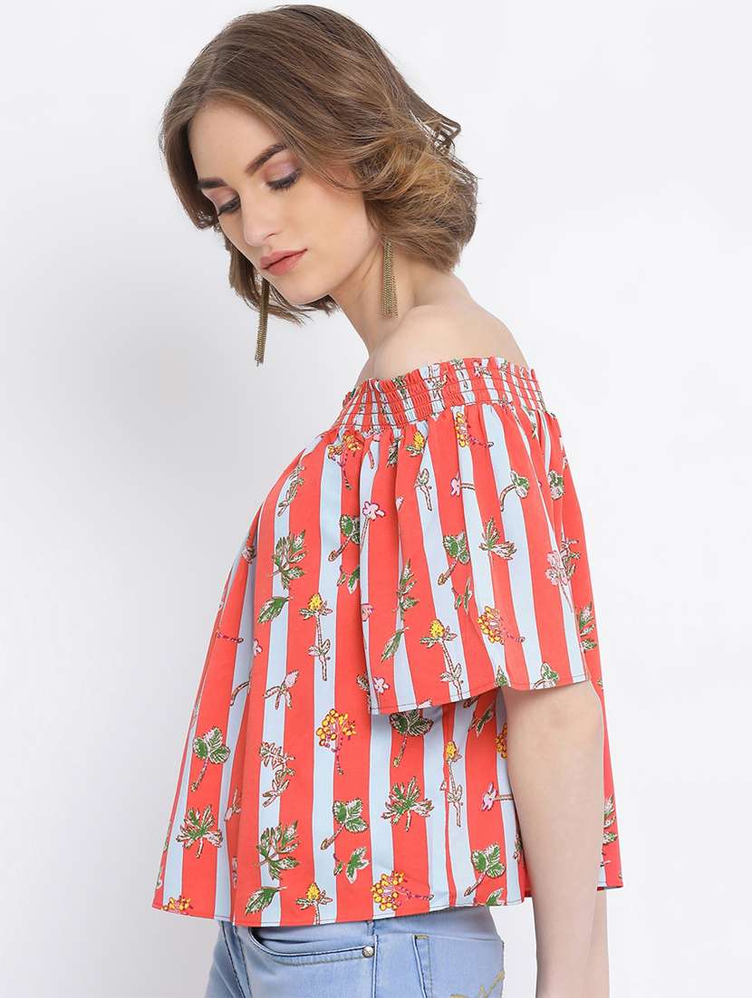 off shoulder floral striped top  - 17011107 -  Standard Image - 1