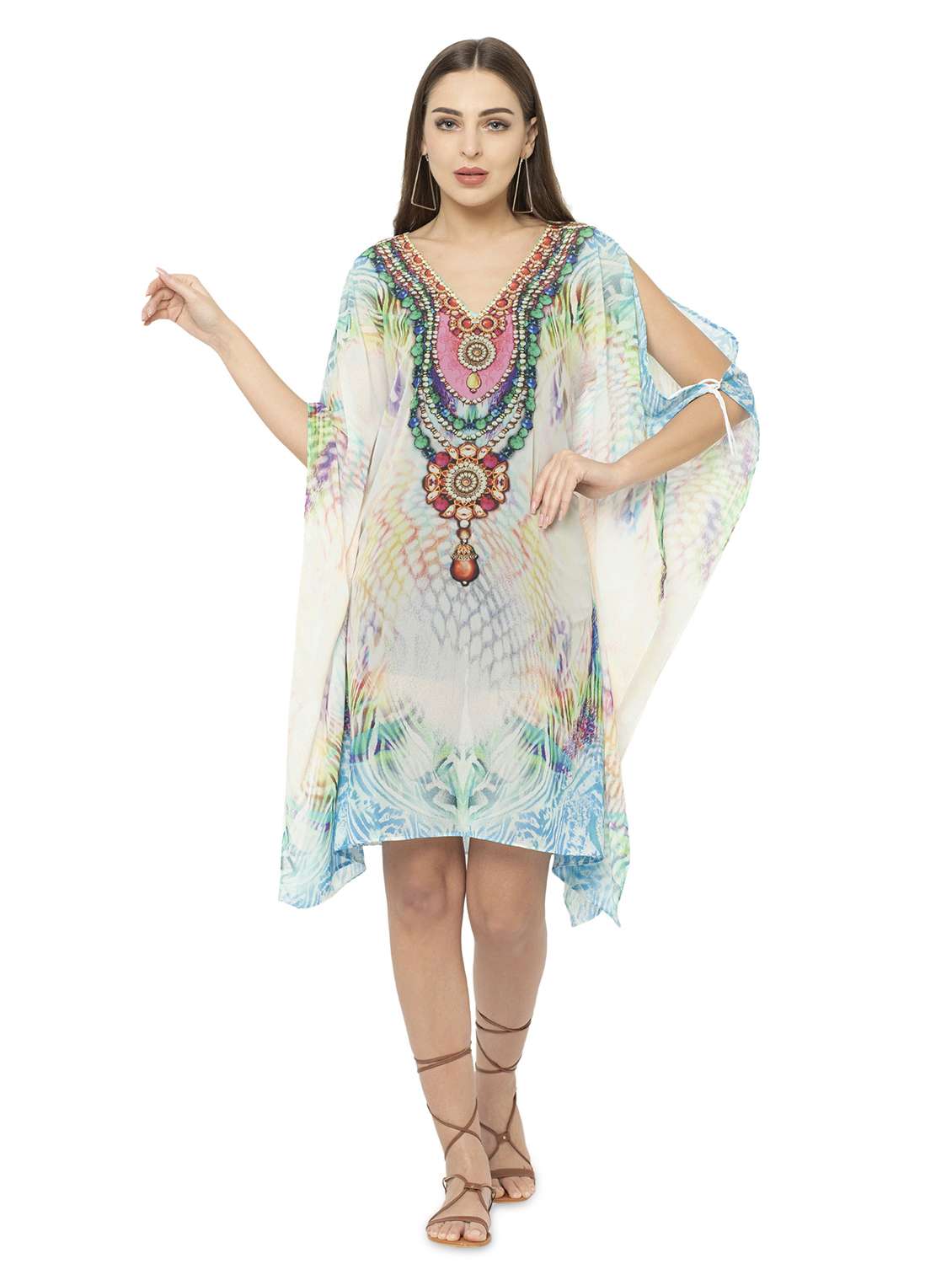 white relaxed fit v- neck printed kaftan dress