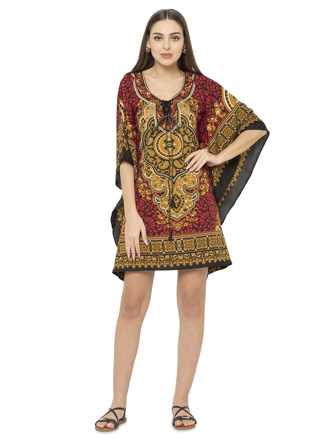 red relaxed fit printed tie-up neck kaftan dress