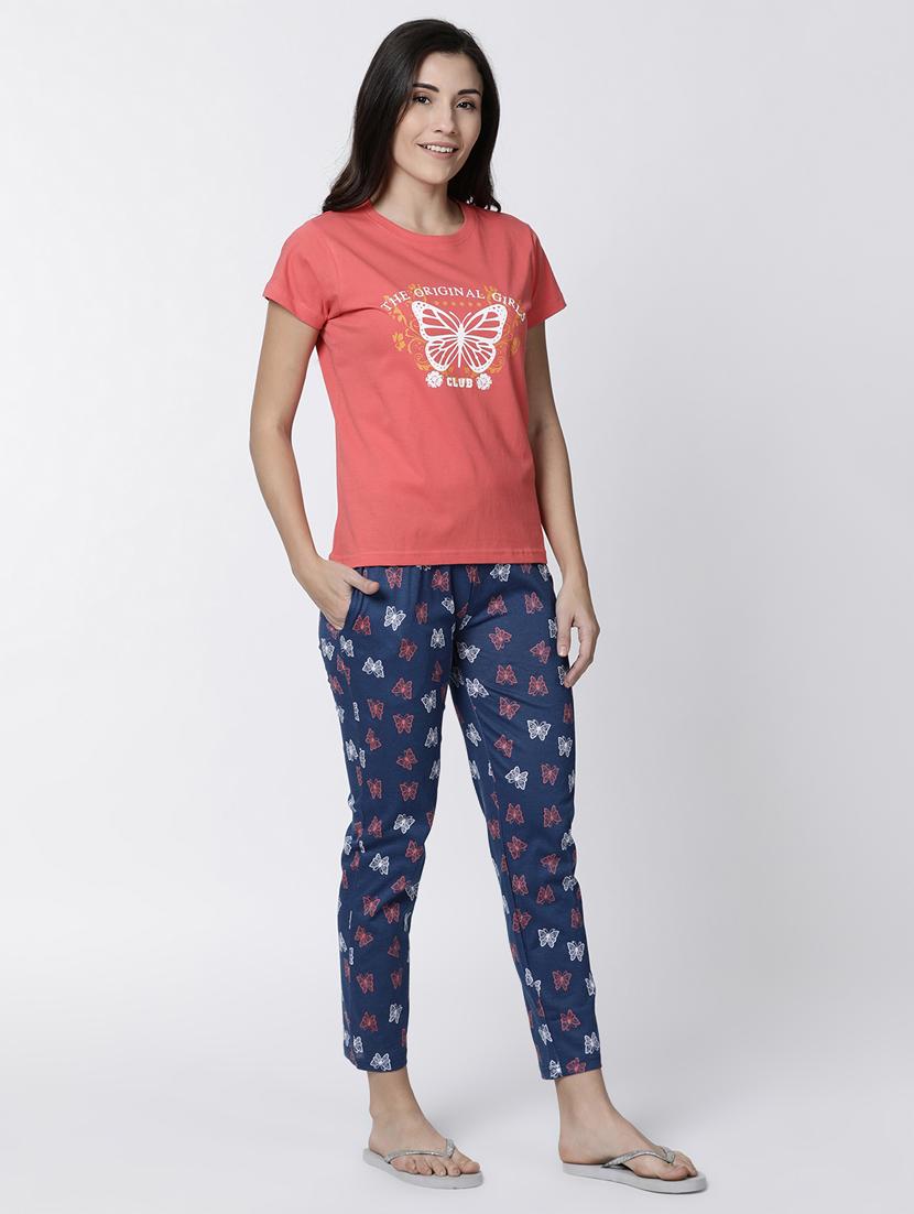 round neck tee with printed pajama set - 17012774 - Standard Image - 1