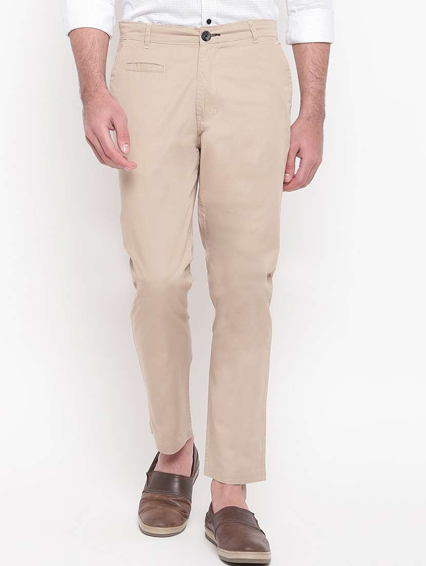 beige solid flat front casual trouser
