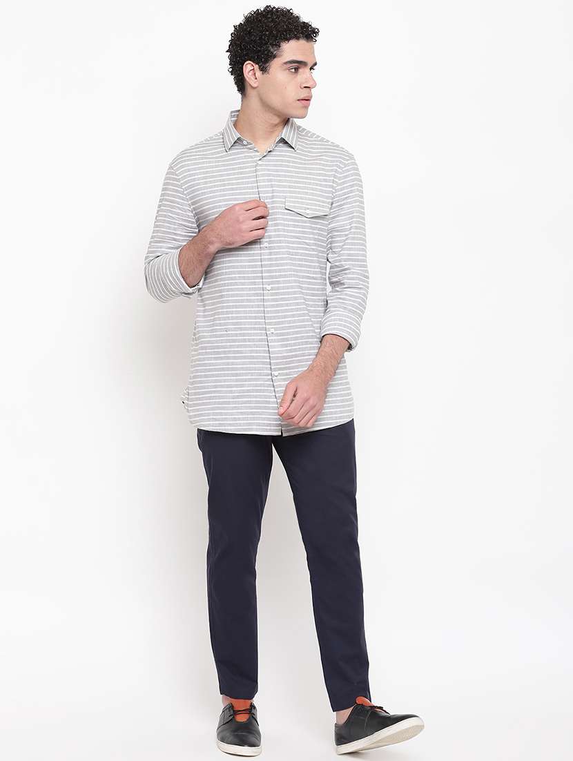 Navy Blue Solid Flat Front Casual Trouser