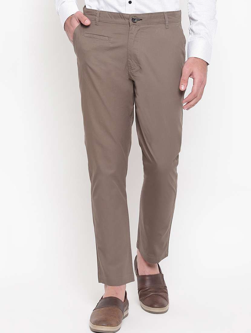 Brown Solid Flat Front Casual Trouser